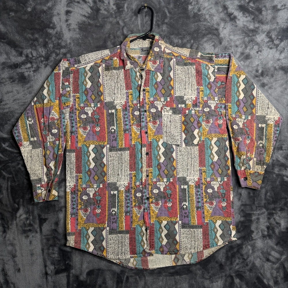 Vintage Thumbs Up Long Sleeve Button Up Shirt Size Medium Multi Pattern